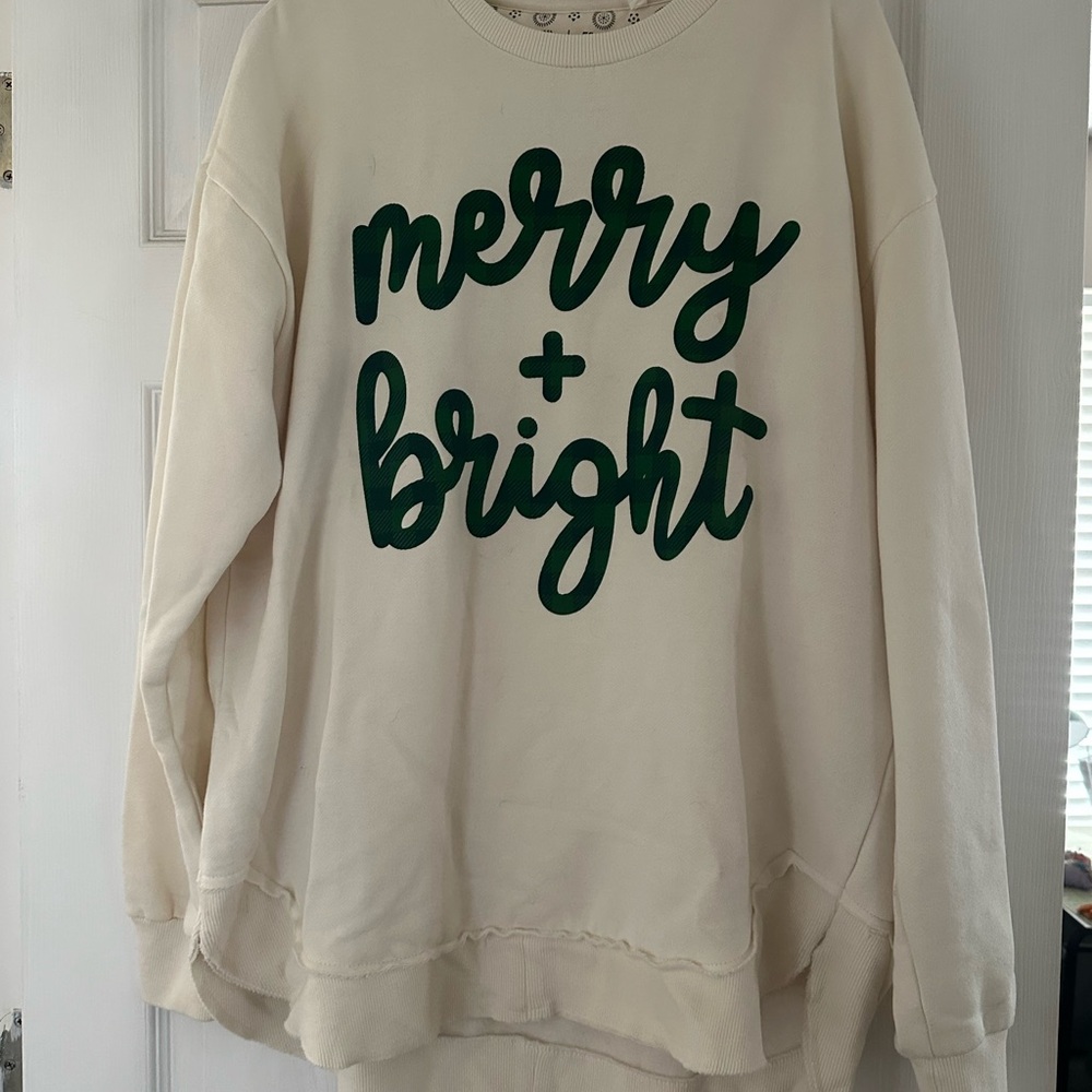 Festive Cream Crew Neck Sweater with Green Cursive Design